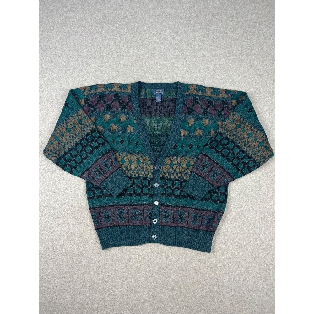 Vintage Cambridge‎ Classics Cardigan Mens L Green Geometric Wool Blend 90s